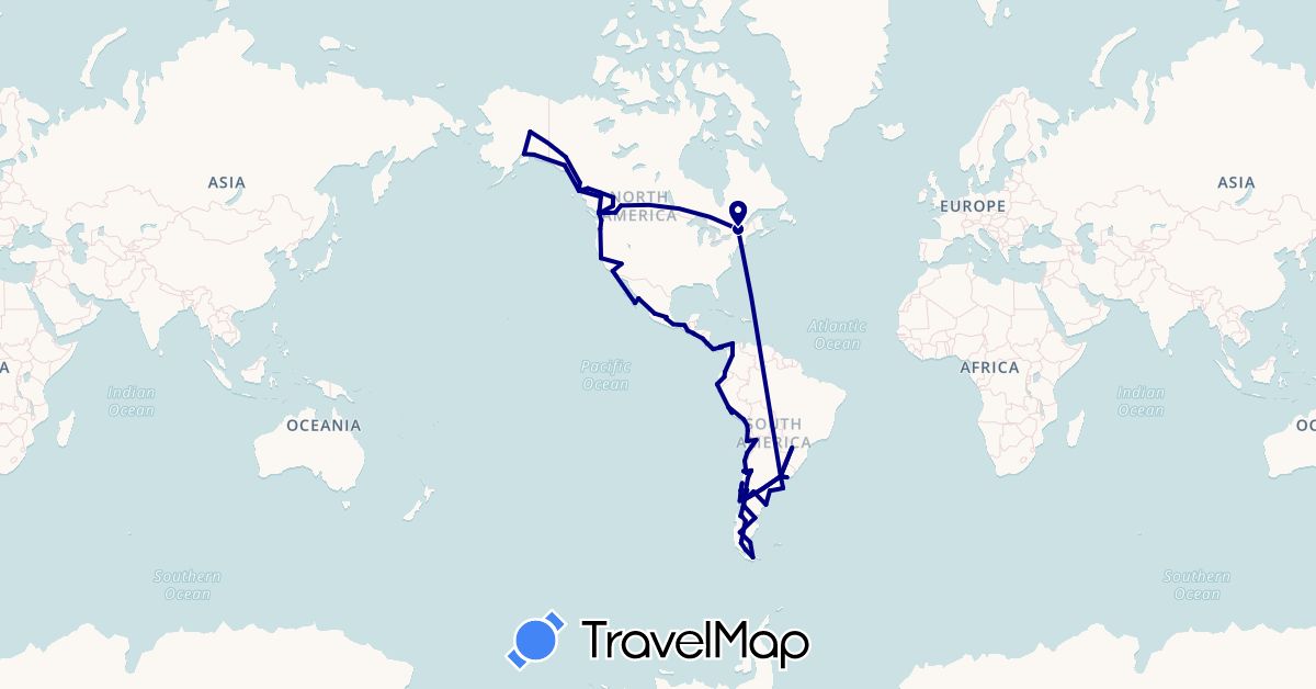 TravelMap itinerary: driving in Argentina, Canada, Chile, Colombia, Costa Rica, Ecuador, Guatemala, Mexico, Nicaragua, Panama, Peru, El Salvador, United States, Uruguay (North America, South America)
